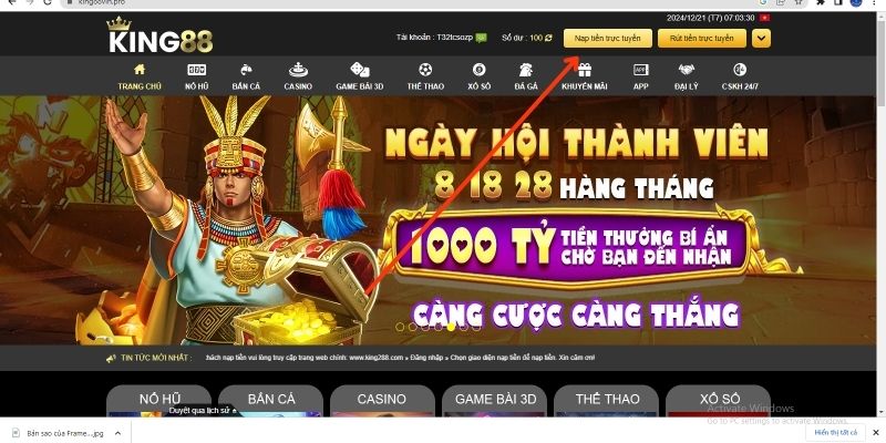 Mục nạp tiền KING88 trên góc phải trang chủ